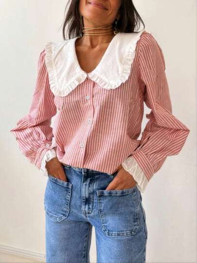 Women Stripe Print Peter Pan Collar Casual Long Sleeve Blouse