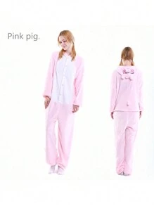 1pc秋冬季卡通粉红猪连体衣睡衣法兰绒睡衣动物睡衣情侣睡衣男女家居服 - 彩色 - 查看 2