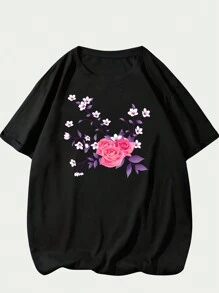 T-Shirt Cotton Fashion Floral Nature Shirt Printed Unisex Summer Comfort Breathable Soft Premium - màu đen - Xem 1