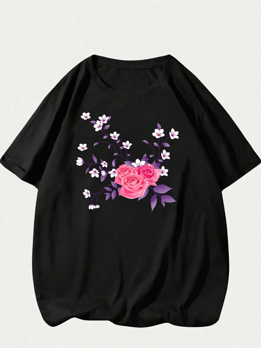 T-Shirt Cotton Fashion Floral Nature Shirt Printed Unisex Summer Comfort Breathable Soft Premium - màu đen - Xem 1