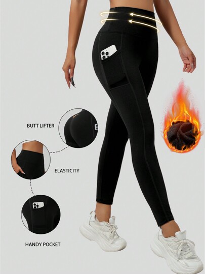 1 pièce Leggings noirs de yoga épaissis pour l'automne/hiver avec poches latérales, vêtement d'extérieur pour le yoga et les sports