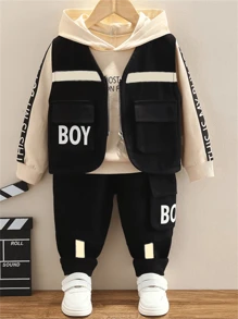 3 件套年轻男孩时尚运动背心套装，春秋 - 黑色 - 查看 1