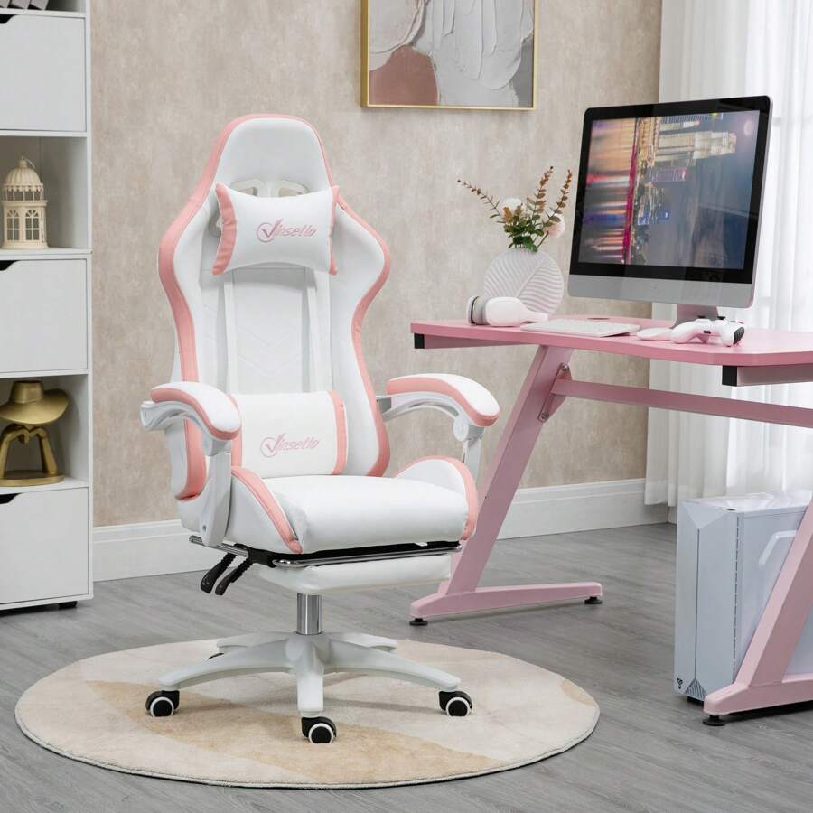 Vinsetto Computer Gaming Chair, PU Leather Desk Chair With Footrest, Swivel Task Chair With 135° Reclining Back And Lumbar Support, PC Chair For Adults - Pink - View 1