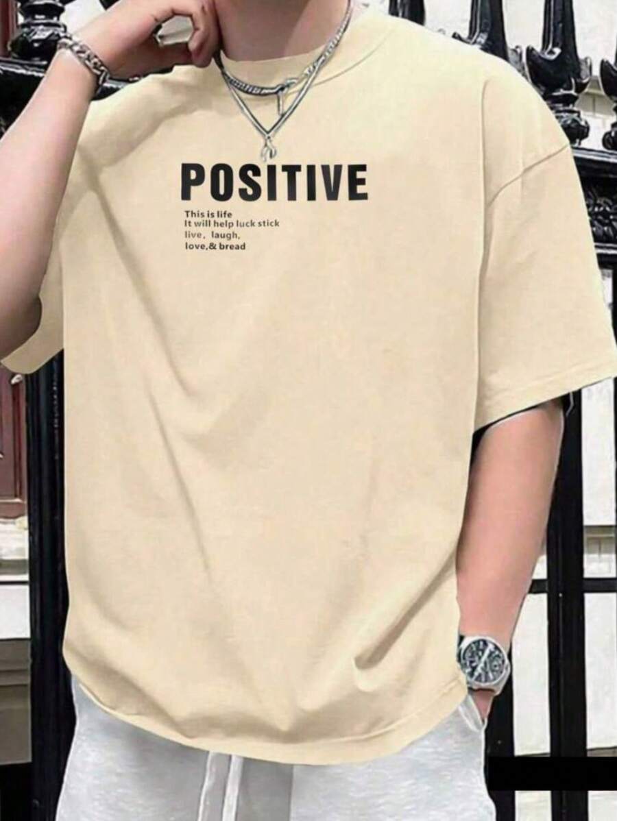 POSITIVE Printed Men's T-Shirt 100% Cotton Premium Mesh Shirt Blouse Yarn 30.1 New Release - Màu be - Xem 1