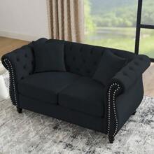 YOGLAD Modern Chesterfield Velvet Sofa, 2-Seater Sofa And 3-Seater Sofa With Curved Backrest Rolled Arm, Upholstered Tufted Backrests With Nailhead Arms And 2 Cushions For Living Room, Bedroom, Apartment, Office - 黑色 - 查看 6