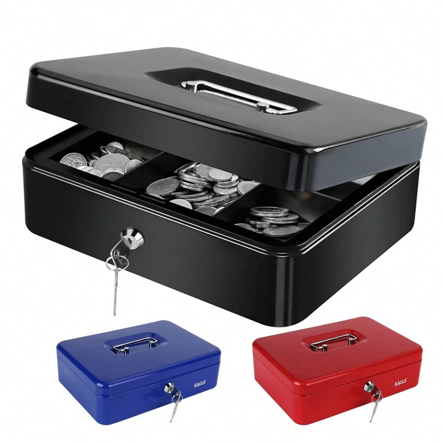 Eagle Cash Box With Money Tray, Money Box With Key Lock & Carrying Handle, Metal Safe Box For Money, Available In Medium Large - Red - View 1