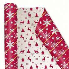 17"X600" Roll Of Reindeer & Snowflake Reversible Gift Wrapping Paper With Stickers, Suitable For Teens & Family Gifts, Christmas