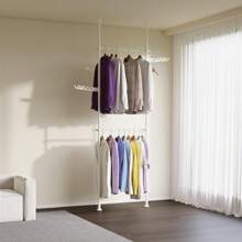Floor To Ceiling Adjustable Garment Rack, Heavy Duty 2-Tier Clothes Rack Clotheshorse Back To School Travel Essentials Room Decor, Home Decor, Bedroom Decor Storage Organization And Storage