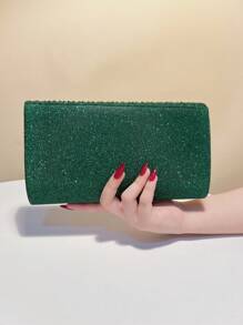 Green Merry Christmas Day Holiday Gift Bags Small Envelope Clutch Bag Color Classic Fashion Handbag Banquet Party Evening Bag Shiny Glitter Metal Chain Cross-Body Bag - Green - View 3