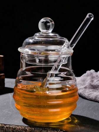 1pc 280ml Transparent Glass Honey Jar With Lid & Mixing Stick, Creative Glass Storage Pot