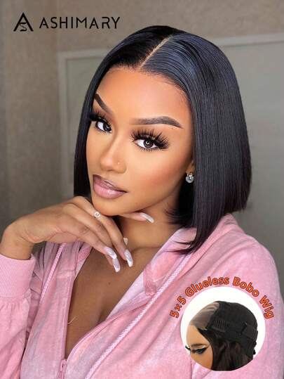 Ashimary Bob Wig 5*5 Straight Hair Glueless Bob Lace Wig Natural Black Color 100% Human Hair Pre-Cut Wig Bleached Knots And Pre-Plucked Short Hair Wig For Women