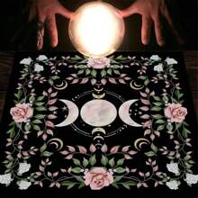 1 pieza Mantel de Tarot, Enredadera Floral, Fases Lunares, Símbolo Cree en Ti Mismo, Tela de Astrología Bruja, Tapiz de Altar, Tapete para Juegos de Cartas, Decoración de Habitación - Negro - Ver 3