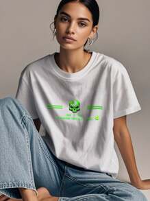 Women's Print Short Sleeve T-Shirt, Black & White Shirt, 180gsm Shirt, Crew Neck Short Sleeve T-Shirt, Breathable & Comfortable Casual Sports Fitness Tee, Casual Vintage Style, Suitable For Summer, Beach Holiday Crew Neck Short Sleeve Casual T-Shirt, Summer Tee