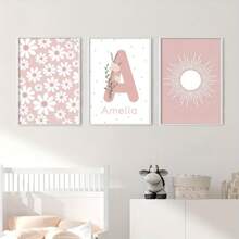 Set de 3 impresiones en lienzo personalizadas con nombre, margaritas y girasoles - Arte de pared bohemio elegante para habitación de niños, decoración de habitación juvenil | Pósteres florales sin marco para dormitorio de niñas y dormitorio | Colgantes florales modernos escandinavos | Regalo de cumpleaños perfecto