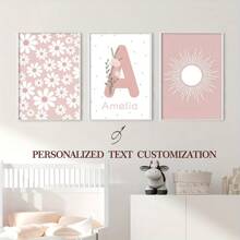 Set de 3 impresiones en lienzo personalizadas con nombre, margaritas y girasoles - Arte de pared bohemio elegante para habitación de niños, decoración de habitación juvenil | Pósteres florales sin marco para dormitorio de niñas y dormitorio | Colgantes florales modernos escandinavos | Regalo de cumpleaños perfecto