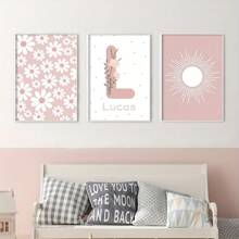Set de 3 impresiones en lienzo personalizadas con nombre, margaritas y girasoles - Arte de pared bohemio elegante para habitación de niños, decoración de habitación juvenil | Pósteres florales sin marco para dormitorio de niñas y dormitorio | Colgantes florales modernos escandinavos | Regalo de cumpleaños perfecto