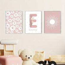 Set de 3 impresiones en lienzo personalizadas con nombre, margaritas y girasoles - Arte de pared bohemio elegante para habitación de niños, decoración de habitación juvenil | Pósteres florales sin marco para dormitorio de niñas y dormitorio | Colgantes florales modernos escandinavos | Regalo de cumpleaños perfecto