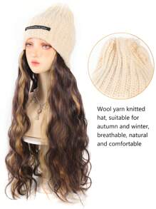 White Hat With Long Curly Hair Extensions; Knitted Hat; Warm Ski Hat For Autumn And Winter - Piano Color - View 3