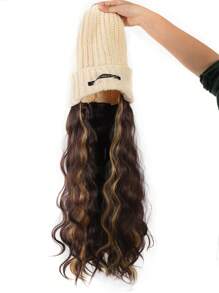 White Hat With Long Curly Hair Extensions; Knitted Hat; Warm Ski Hat For Autumn And Winter - Piano Color - View 2