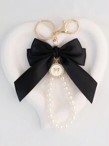 1 Elegant Faux Pearl And Bow Decoration Keychain Pendant With Creative Colorful Woven Ribbon Fabric Knot Accessories, Headphone And Mobile Bag Accessories