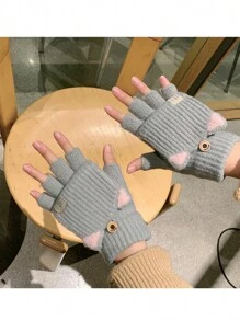 Cute Cat Ear Design Knitted Touchscreen Gloves, Flip Top Warm Glove For Women Students Autumn Winter - Cat Ears Label Gloves - View 2