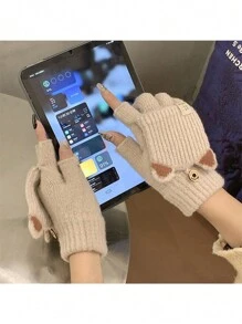 Cute Cat Ear Design Knitted Touchscreen Gloves, Flip Top Warm Glove For Women Students Autumn Winter - Cat Ears Label Gloves - View 5