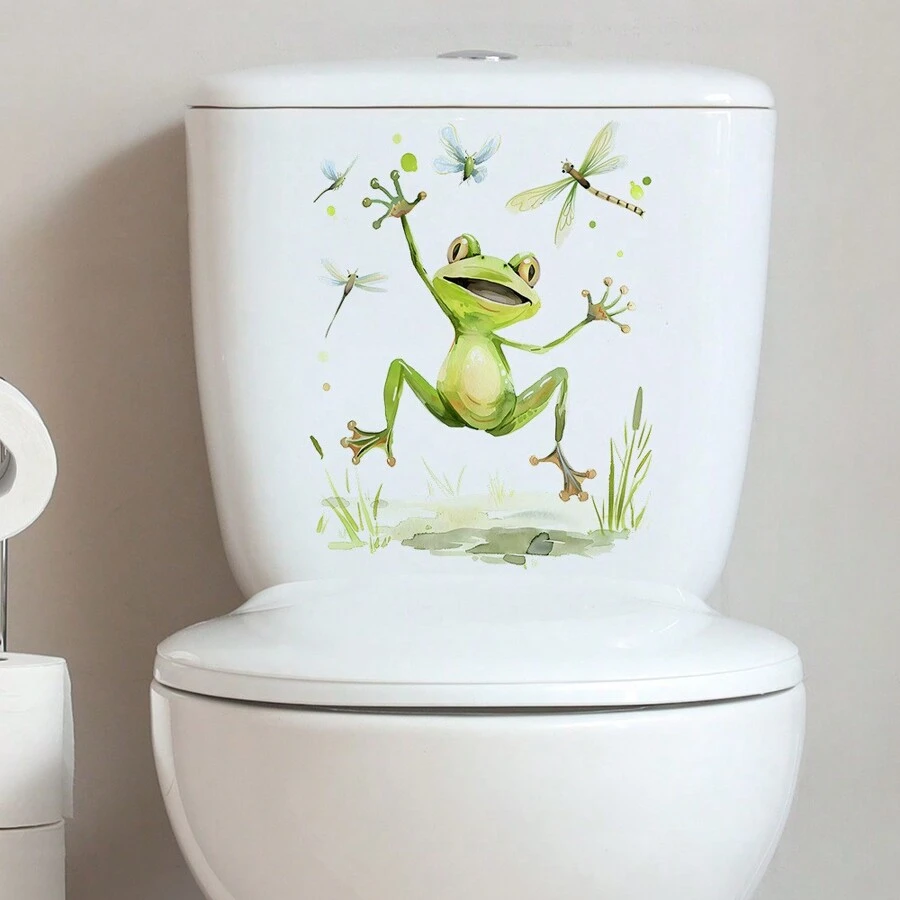 1PC Cute Cartoon Frog And Dragonfly Toilet Sticker Decals, Animal Waterproof Toilet Lid Tank Seat Decals Cistern Self-Adhesive Bathroom Wall Sticker(9.44in*11.81in) - Multicolor - View 1
