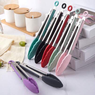 1pc Stainless Steel Kitchen Tongs - 7" (Nylon) / 9" (Silicone) Multipurpose, Locking Non-Stick Pointed Tip Barbecue Grill Tongs, Kitchen Food Clip, Heat Resistant Cooking Tongs, Ideal For Serving, Grilling, Salad, Baking - Essential Kitchen Tool