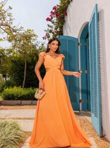 Irina Dress With Tailored Waist, Short Ruffled Sleeves And Simple And Charming Pleated Skirt - 橘色 - 查看 3