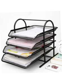 Bandeja para cartas de malla de 4 capas, organizador de papel de escritorio con bandeja deslizante para accesorios de escritorio, suministros de oficina y almacenamiento de documentos, color negro