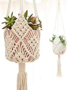 1pc Handmade Rope Tassel Decor Plant Pot Net Pouch, Home Indoor Decoration Plant Hanging Basket - Multicolor - View 5