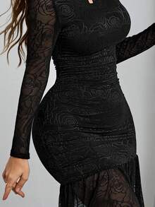 Vestido elegante y sexy gótico asimétrico de mujer Y2K con mangas de linterna, malla de contraste, ajuste ceñido fruncido y doble volante con rosa para fiestas, vacaciones y citas