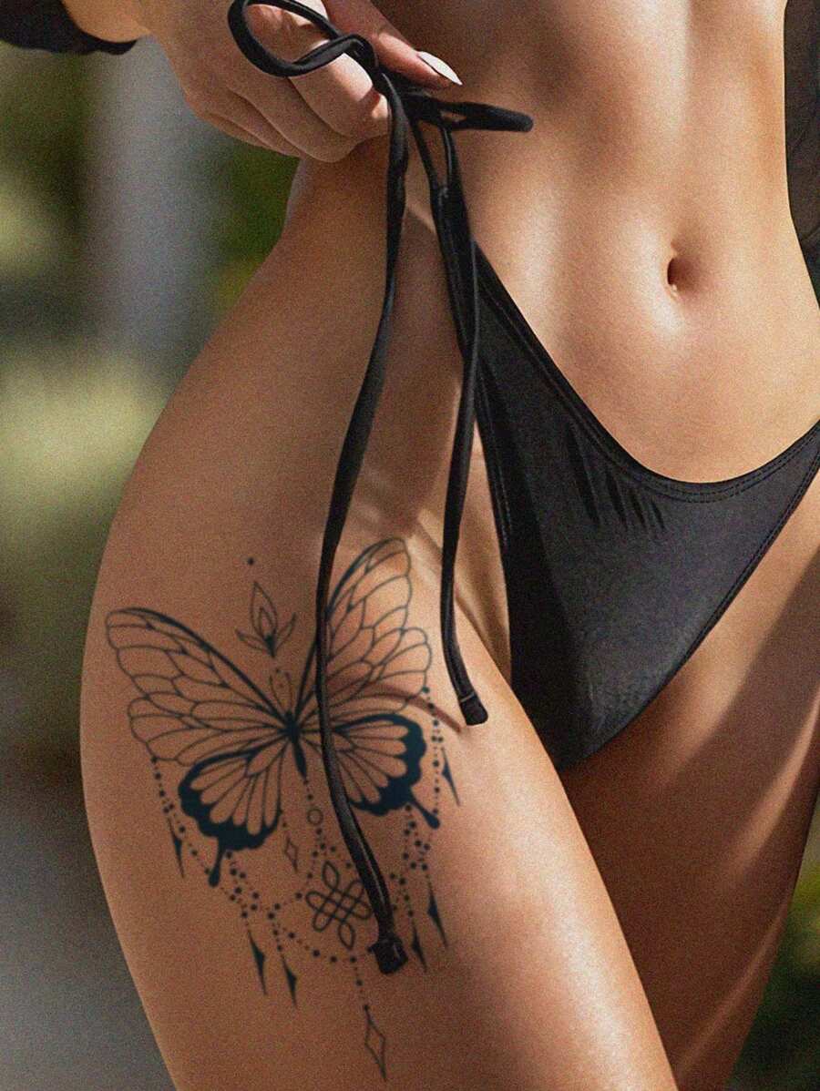 1 hình xăm tạm thời chống nước in hình dây xích bướm, hình xăm nghệ thuật giả theo phong cách Henna cho chân, kéo dài 7-14 ngày, thích hợp cho ngực, eo, đùi, cánh tay, cổ tay, lưng, quà tặng tự làm cho nam và nữ - Màu xanh lam - Xem 1