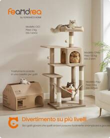 Feandrea Albero per Gatti Alto 143 cm, Tiragraffi per Gatti, con 4 Pali Graffiatoi, 2 Posatoi, 1 Grotta, 1 Amaca, 2 Pompon, in Peluche a più Livelli, Marrone Cammello