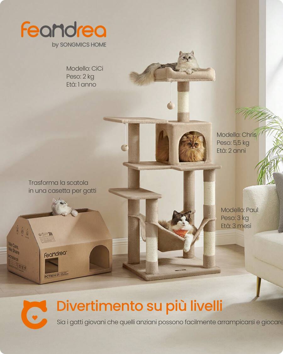 Feandrea Albero per Gatti Alto 143 cm, Tiragraffi per Gatti, con 4 Pali Graffiatoi, 2 Posatoi, 1 Grotta, 1 Amaca, 2 Pompon, in Peluche a più Livelli, Marrone Cammello
