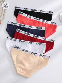 6pcs/Pack Mid-Waist Solid Color Women's Comfortable Sweet Cute Candy Color Letter Print Panties, Basic Black & White Underwear - Multicolor - View 8