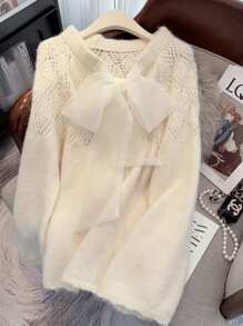 JIANHU 甜美蝴蝶结系带镂空套头衫女士毛衣