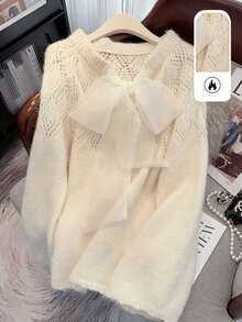 JIANHU 甜美蝴蝶结系带镂空套头衫女士毛衣