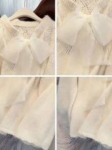 JIANHU 甜美蝴蝶结系带镂空套头衫女士毛衣