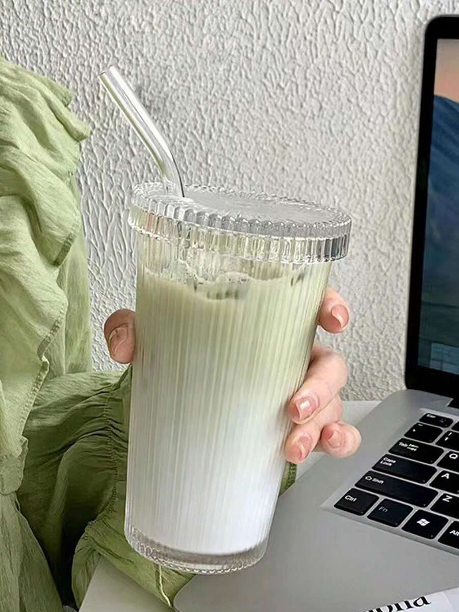 1 件简约竖条纹保温杯带盖和吸管，高美感果汁/牛奶/咖啡杯饮料杯