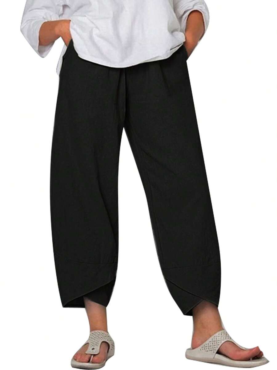 Women's Straight Pants Elastic Waist Casual Trousers Pants Wide Leg Casual Beach Pants Cotton Linen Summer Lounge Pants Travel Work Trousers With Pockets - 黑色 - 查看 1