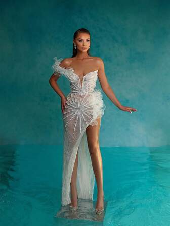 新款时尚女士串珠性感白色晚礼服、派对礼服、正式礼服、婚礼宾客礼服、万圣节礼服