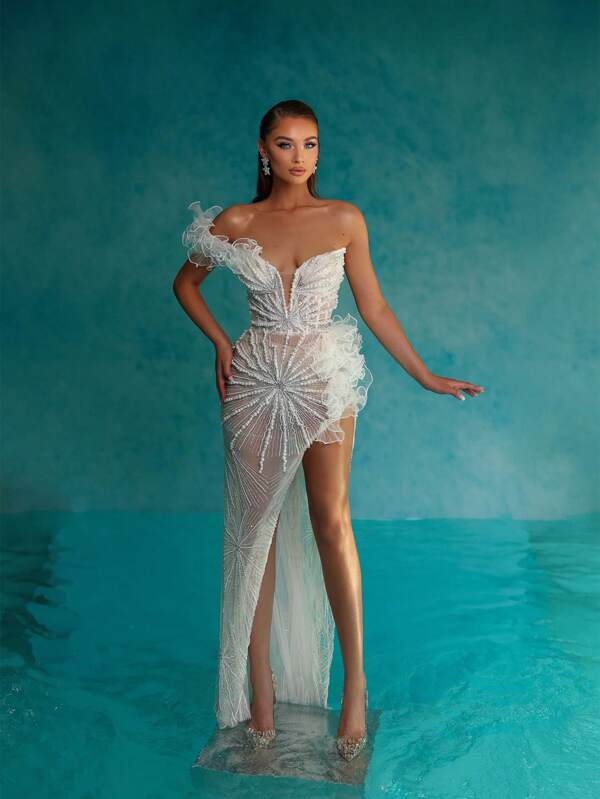 New Stylish Women Beaded Sexy White Evening Gown, Party Dress, Formal, Wedding Guest, Halloween