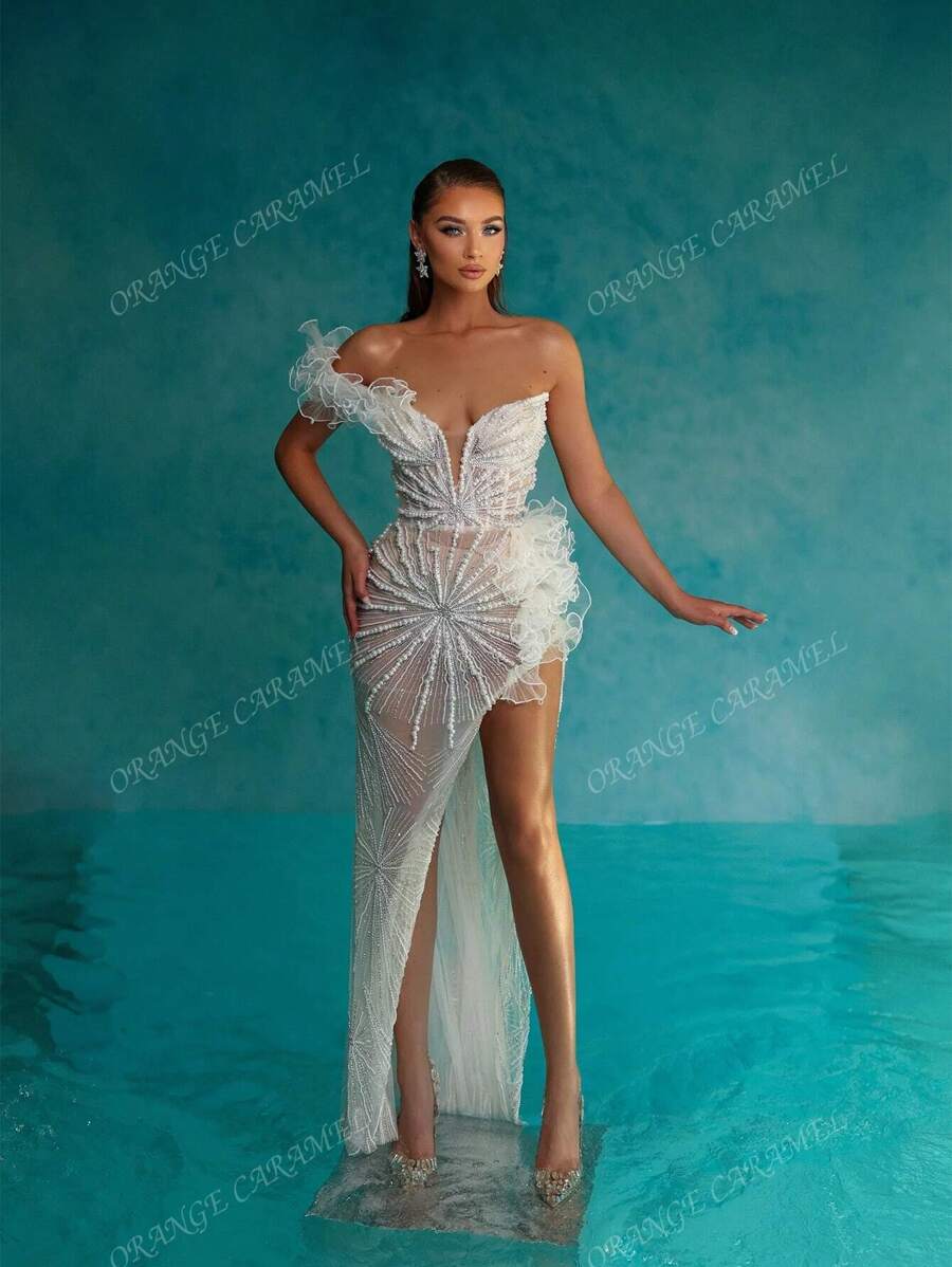 New Stylish Women Beaded Sexy White Evening Gown,Party Dress,Formal,Wedding Guest