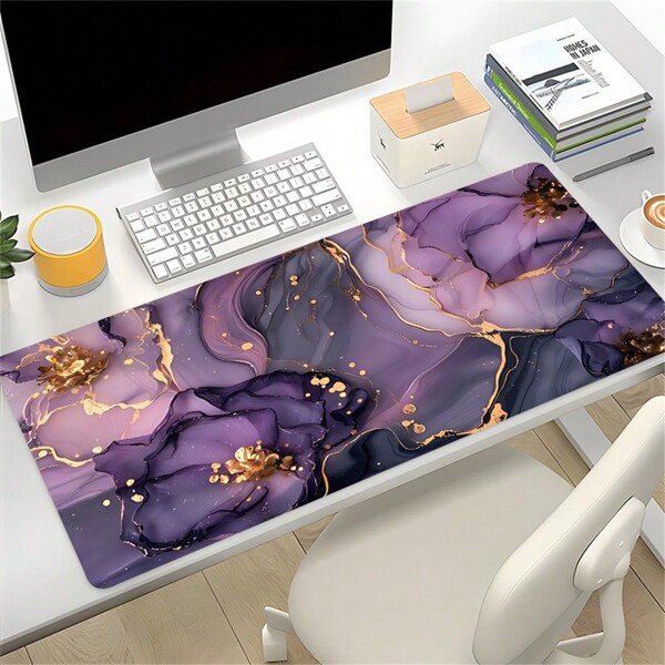 Tapis de souris en marbre doré et violet HD grand format de bureau avec base en caoutchouc antidérapante, bords ourlés, tapis de bureau/clavier 90 x 40 cm, idéal comme cadeau pour femme, ami, travail, jeux, bureau à la maison