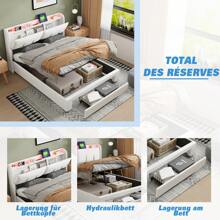 Creahappy CREAHAPPY Lit rembourré avec 2 fonctions de chargement USB et AC-tête de lit avec rangements-télécommande-éclairage LED et tiroirs-lit double en bois avec sommier à lattes-140*200 cm