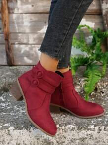 女式仿麂皮仿鹿毛侧拉链木纹粗跟双扣短靴，时尚百搭踝靴 - 紅色 - 查看 4