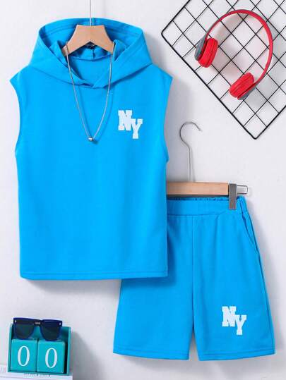 2pcs Tween Boy Letter Print Hoodie Vest And Solid Color Shorts Set, Casual, Spring/Summer