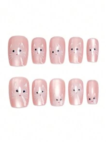 Monina 24 piezas de uñas postizas de diseño de gato corto, lindas y frescas, favorecedoras, de moda, puntas de uña versátiles, regalo ideal para niñas, adecuado para la escuela y la oficina