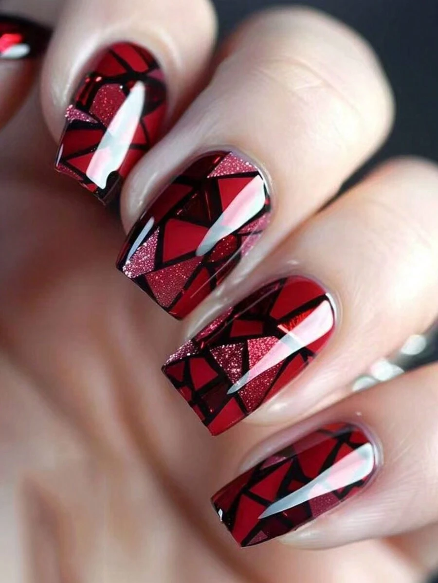 Móng tay giả sọc bóng màu đỏ rượu vang dài vừa phải, đầu móng vuông đa năng, sọc đen, miếng dán móng ombre màu đỏ - Màu Đỏ Sâu - Xem 1
